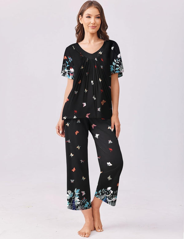ekouaer Ekouaer Floral Capri Pajama Set Short Sleeve Top and Pants