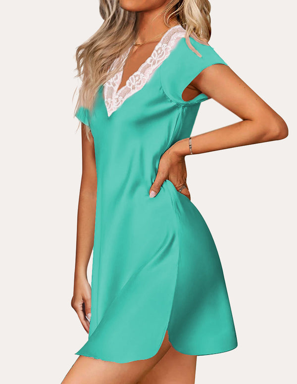 Ekouaer Lace V-Neck Satin Nightgown (US Only)