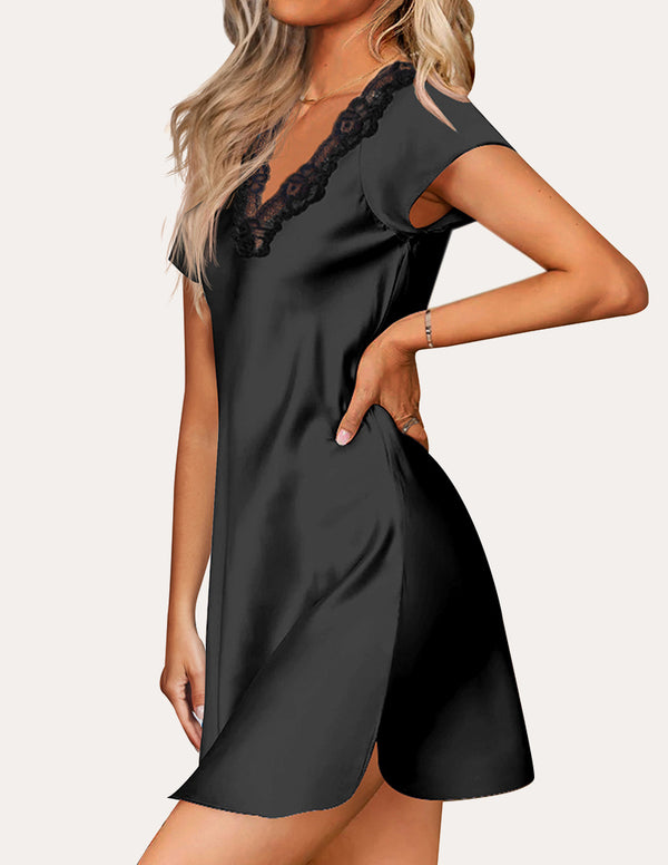 Ekouaer Lace V-Neck Satin Nightgown (US Only)