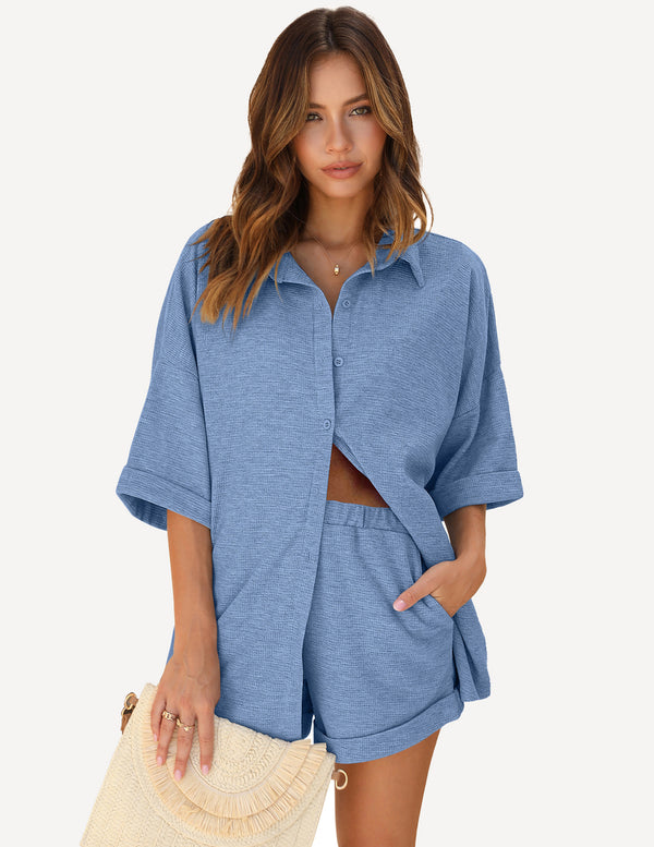 Ekouaer Leisure Waffle 2-Piece Pajama Sets (US Only)