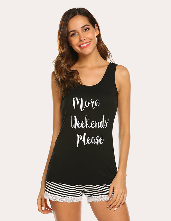 Ekouaer Ekouaer Letter Print Tank Top Shorts Pajama Set (US Only)