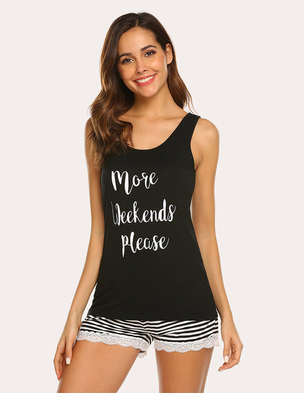 ekouaer Ekouaer Letter Print Tank Top Shorts Pajama Set (US Only)