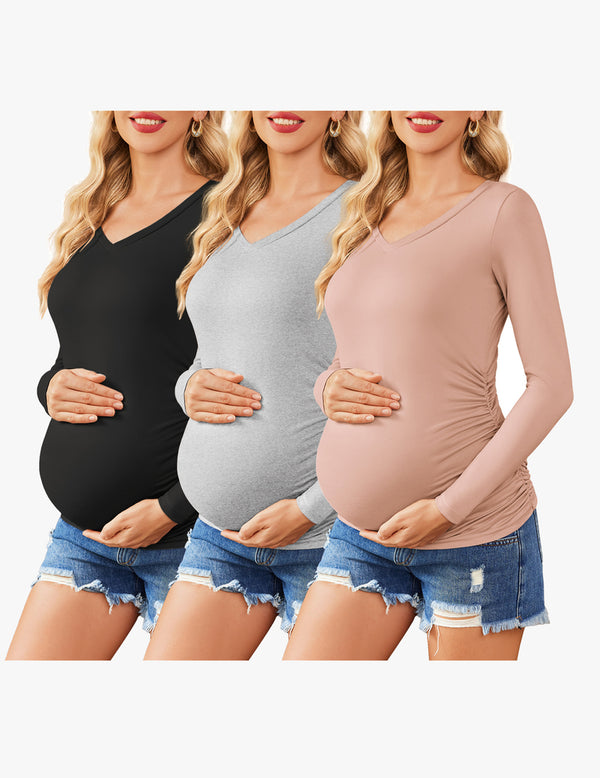 Ekouaer Ekouaer Maternity Shirts 3 Packs Pregnancy Side Ruched Tops