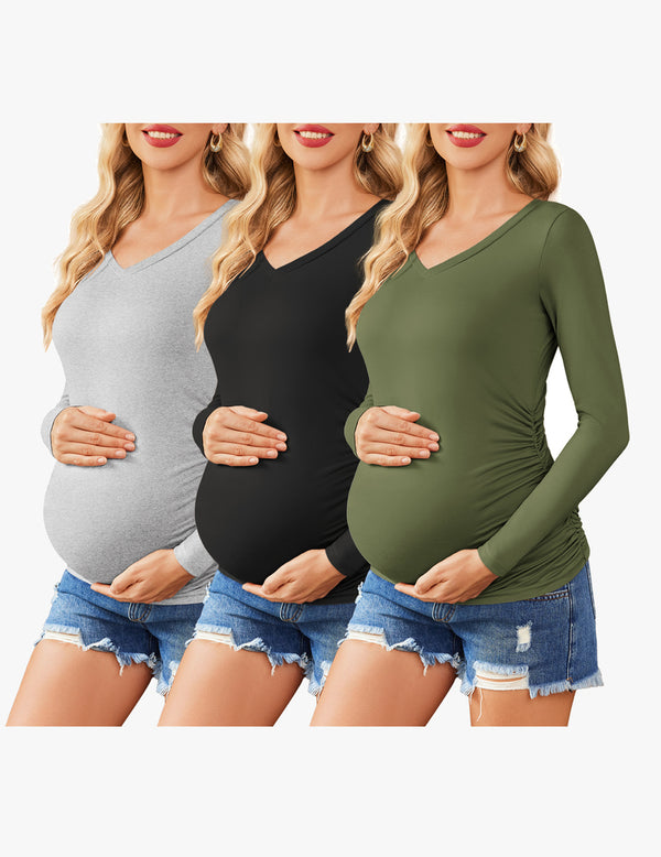 Ekouaer Ekouaer Maternity Shirts 3 Packs Pregnancy Side Ruched Tops
