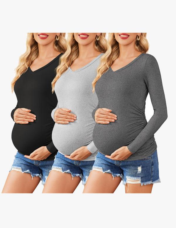 Ekouaer Ekouaer Maternity Shirts 3 Packs Pregnancy Side Ruched Tops