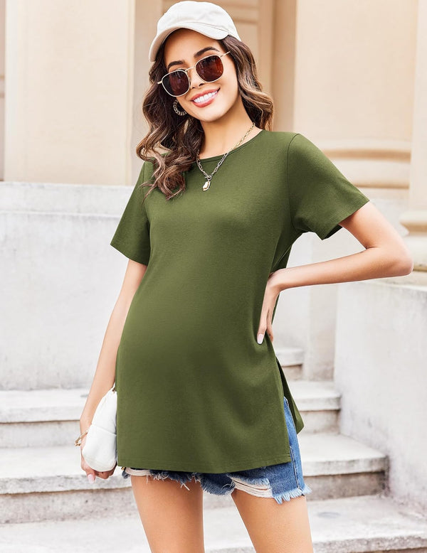ekouaer Ekouaer Maternity Shirts Short Sleeve Split Side Tops