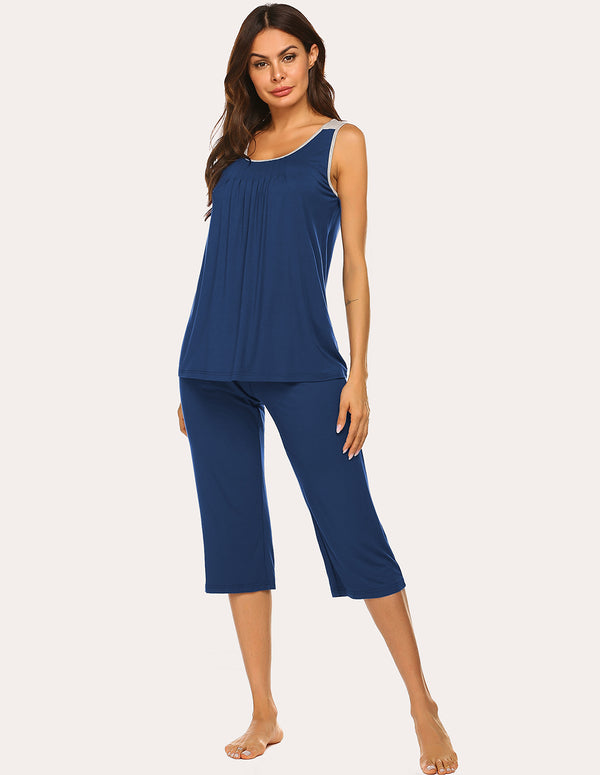 Ekouaer Ekouaer Moisture Wicking Pleated Tank Capri Pajamas Set (US Only)