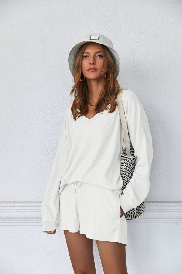 Ekouaer Ekouaer Pajama Set Waffle Knit Lounge Set V Neck Off Shoulder Sleepwear (US Only)