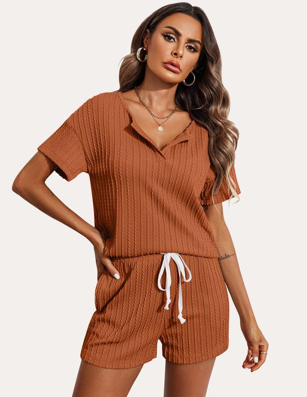 Ekouaer Ekouaer Ribbed Knit Short Sleeve Pajama Sets (US Only)