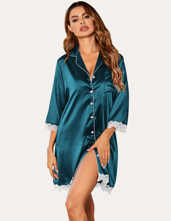 Ekouaer Satin Lace Trim Nightshirts (US Only)