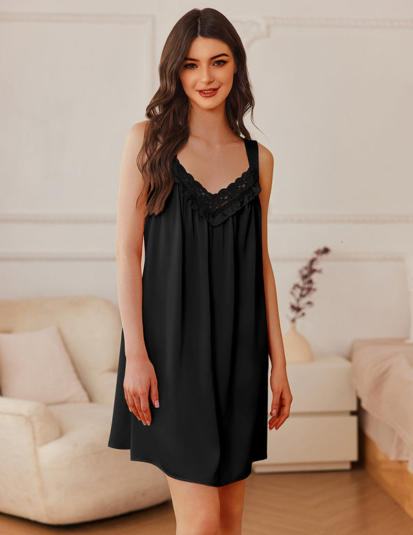 Ekouaer Satin Lace V-Neck Sleep Gown (US Only)