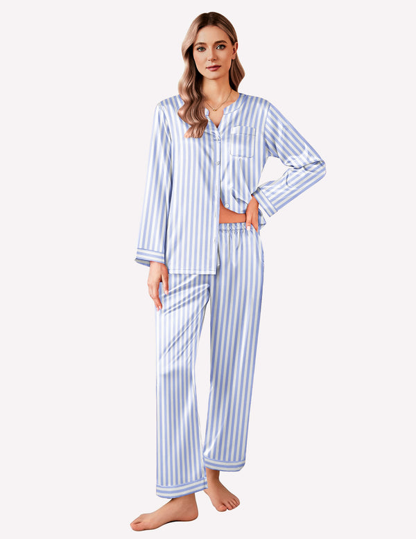 Ekouaer Ekouaer Satin Long Sleeve Button Down Pajamas Set (US Only)