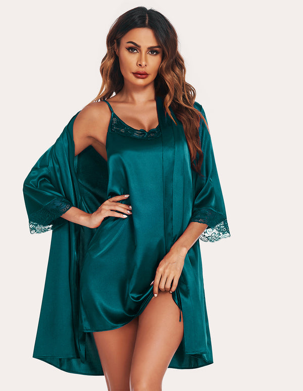 Ekouaer Ekouaer Satin Pajamas Cami Nightdress With Robe (US Only)