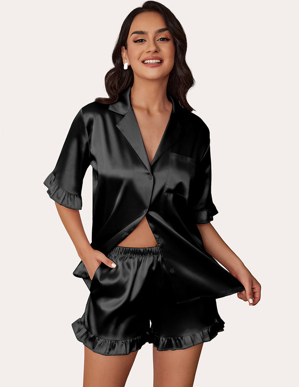 Ekouaer Satin Ruffled 2-Piece Pajamas Set (US Only)