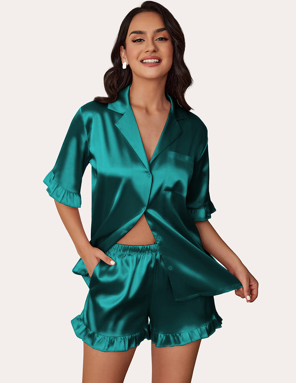 Ekouaer Satin Ruffled 2-Piece Pajamas Set (US Only)
