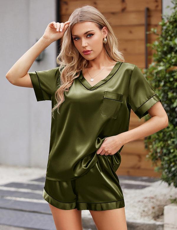 Ekouaer Ekouaer Satin Short Sleeve Silk Pajama Set (US Only)