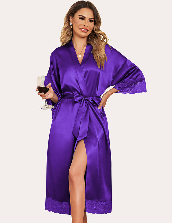 Ekouaer Satin Silk Bathrobe With Lace Trim (US Only)