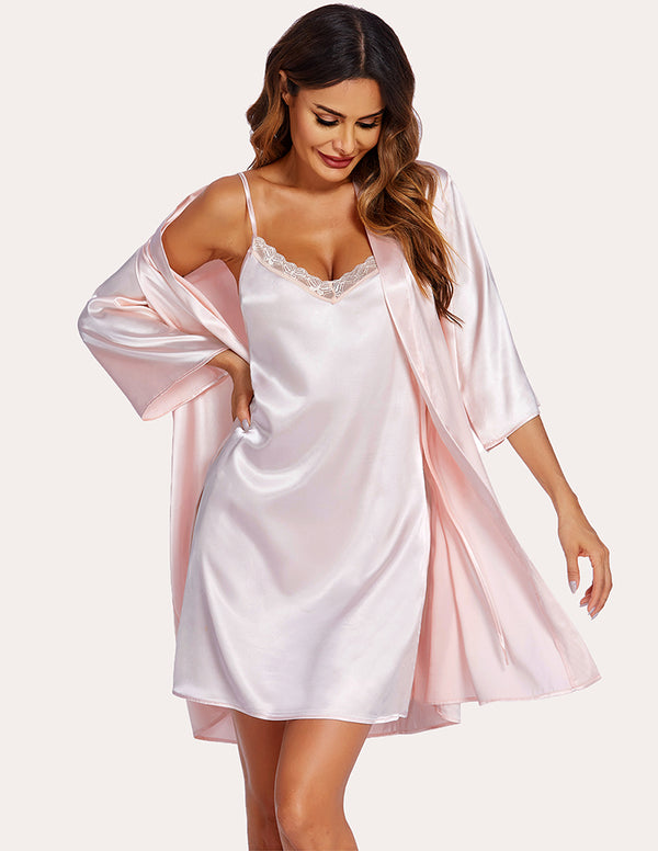 ekouaer Ekouaer Silk Satin Cami Nightdress with Robe (US Only)