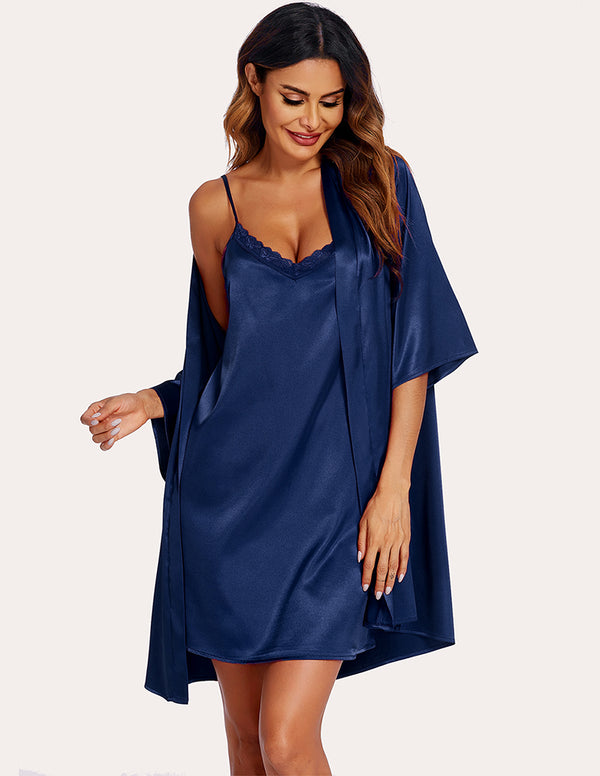 Ekouaer Ekouaer Silk Satin Cami Nightdress With Robe (US Only)