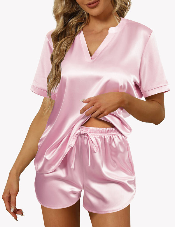 Ekouaer Ekouaer Silk Solid Color Short Sleeve Pajama Sets (US Only)