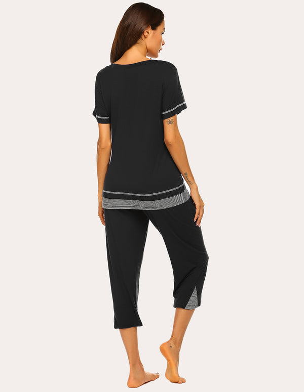 Ekouaer Ekouaer Striped Patchwork T-shirt Capri Pants Pajamas Set (US Only)