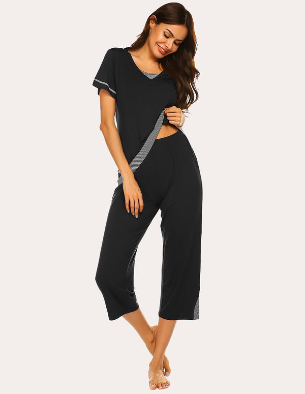 Ekouaer Ekouaer Striped Patchwork T-shirt Capri Pants Pajamas Set (US Only)
