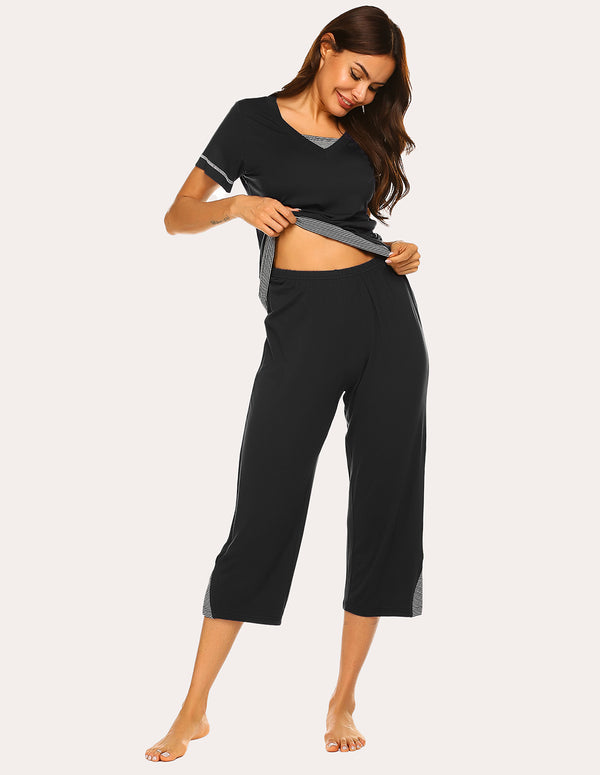 Ekouaer Ekouaer Striped Patchwork T-shirt Capri Pants Pajamas Set (US Only)