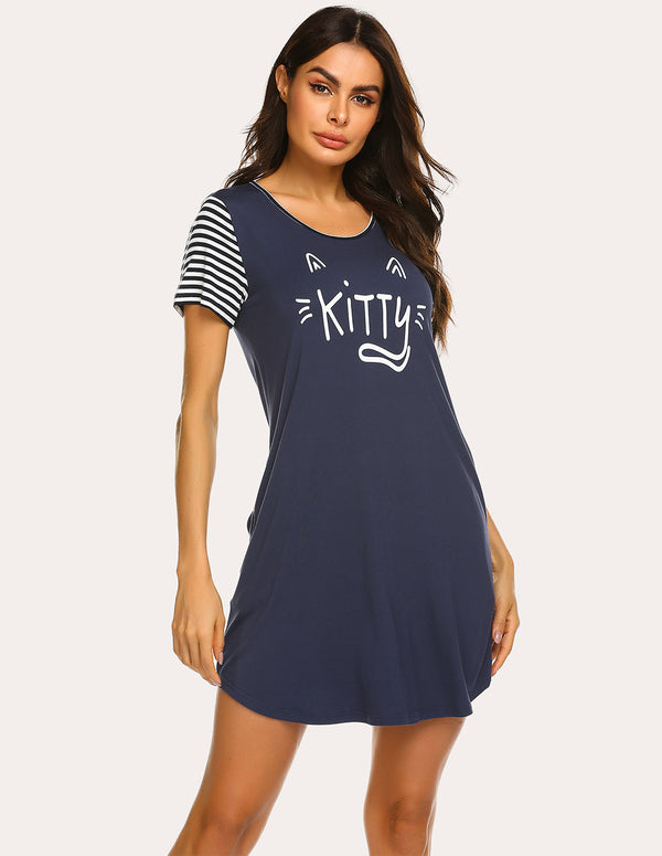 Ekouaer Ekouaer Striped Short Sleeve Printed Nightdress (US Only)