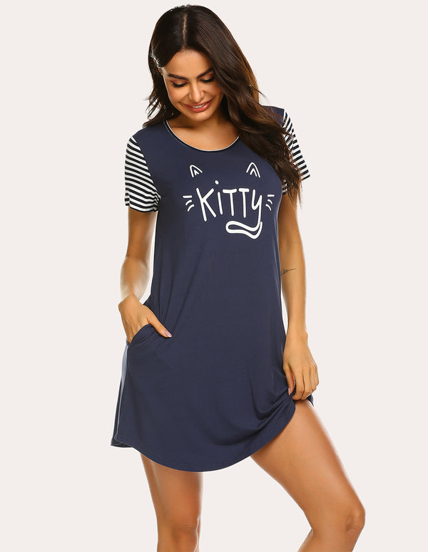 Ekouaer Ekouaer Striped Short Sleeve Printed Nightdress (US Only)