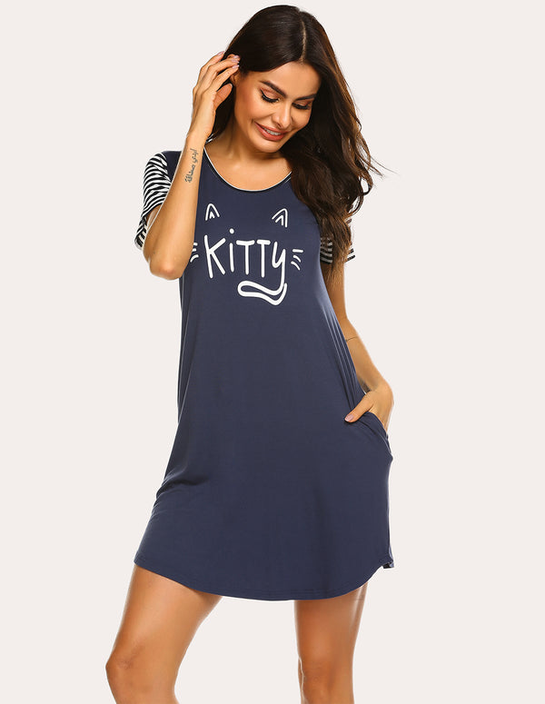 ekouaer Ekouaer Striped Short Sleeve Printed Nightdress (US Only)