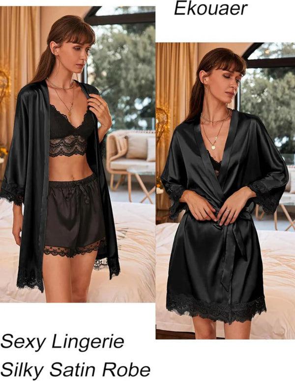 Ekouaer Ekouaer Women's Silk Robe Short Lace Trim Satin Kimono 3/4 Sleeve Sleepwear