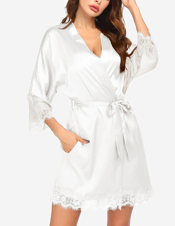 Ekouaer Ekouaer Women's Silk Robe Short Lace Trim Satin Kimono 3/4 Sleeve Sleepwear