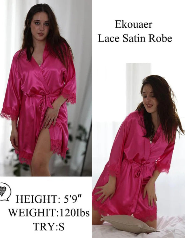 Ekouaer Ekouaer Women's Silk Robe Short Lace Trim Satin Kimono 3/4 Sleeve Sleepwear