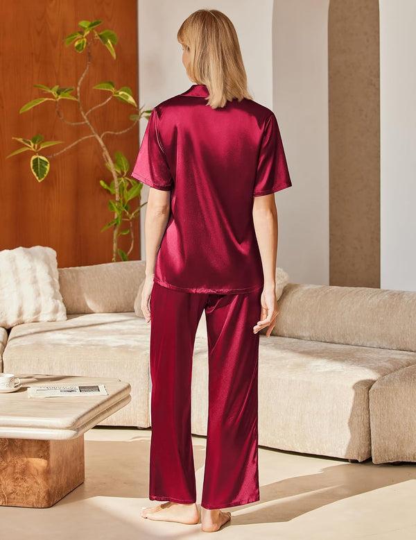 Ekouaer Ekouaer Womens Silk Pajama Sets Short Sleeve Button Down Shirt With Long Pants