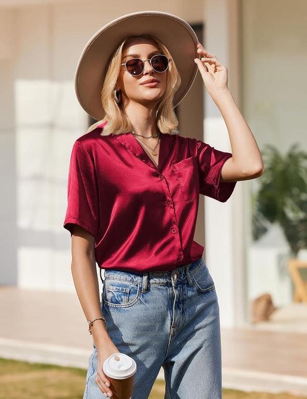 Ekouaer Ekouaer Womens Silk Pajama Sets Short Sleeve Button Down Shirt With Long Pants