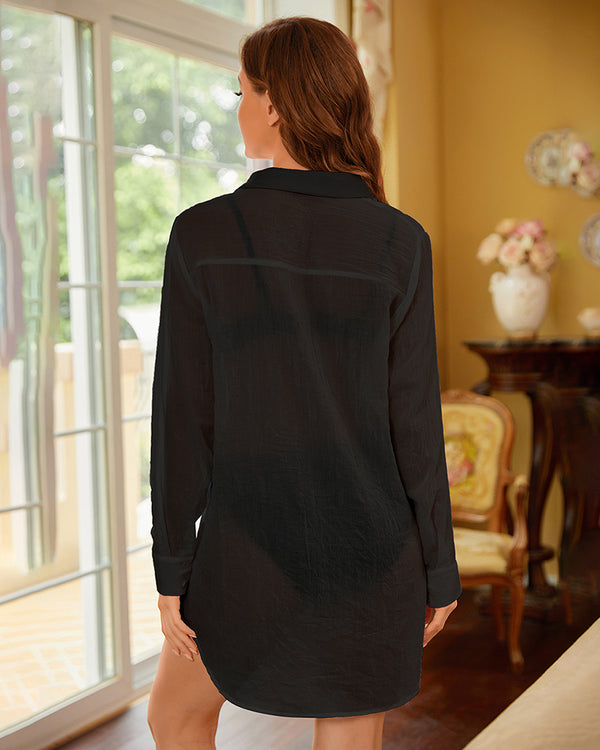 Ekouaer Ekouear Nightshirt Long Sleeve Button Down Sleep Shirt High-low Hem Nightdress (US Only)