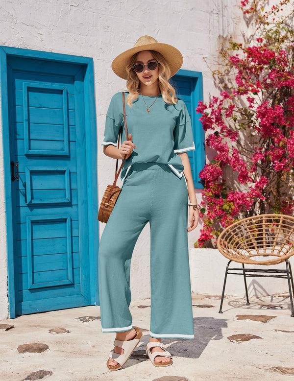 Ekouaer Knit Wide Leg Long Pants 2-Piece Outfits (US Only)