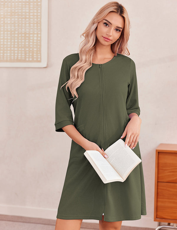 Ekouaer Lightweight Waffle Zip Up Robes Dress (US Only)
