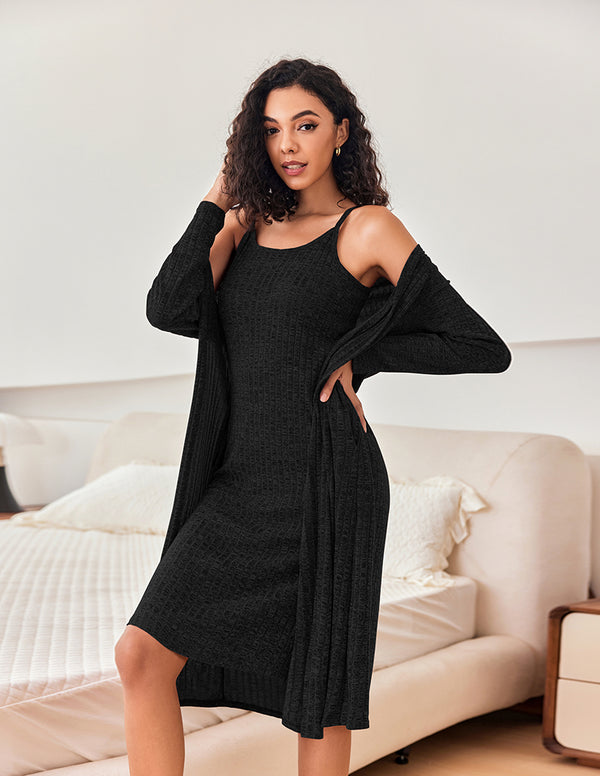 Ekouaer Ribbed Knit 2-Piece Robe Lounge Set (US Only)