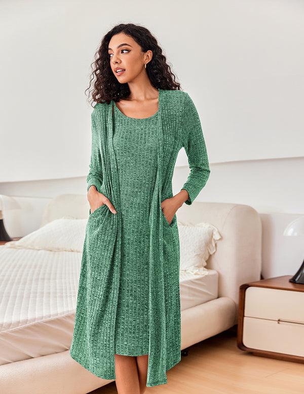 Ekouaer Ribbed Knit 2-Piece Robe Lounge Set (US Only)