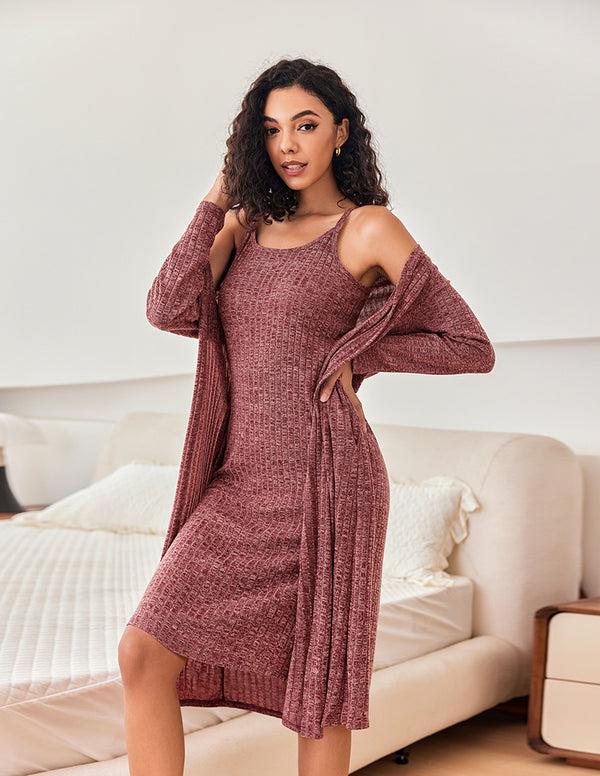 ekouaer Ribbed Knit 2-Piece Robe Lounge Set (US Only)