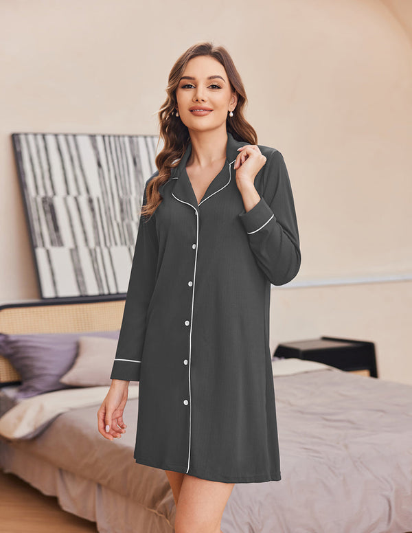 Ekouaer Ribbed Knit Button Down Pajama Dress (US Only)