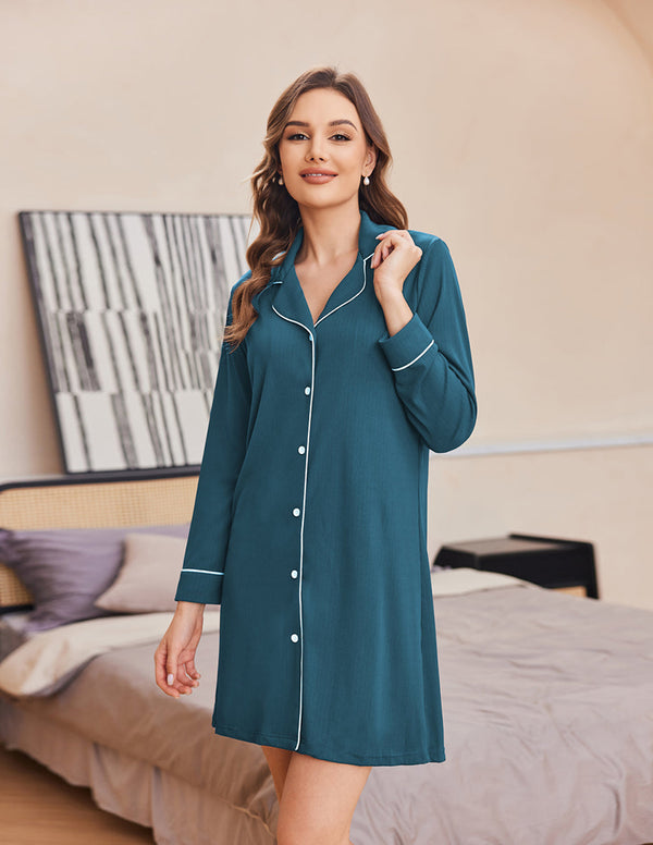Ekouaer Ribbed Knit Button Down Pajama Dress (US Only)