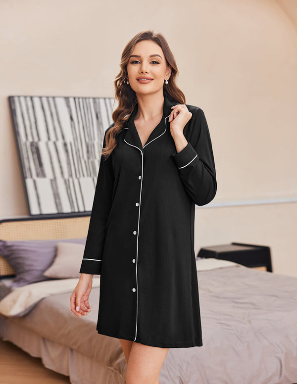 Ekouaer Ribbed Knit Button Down Pajama Dress (US Only)