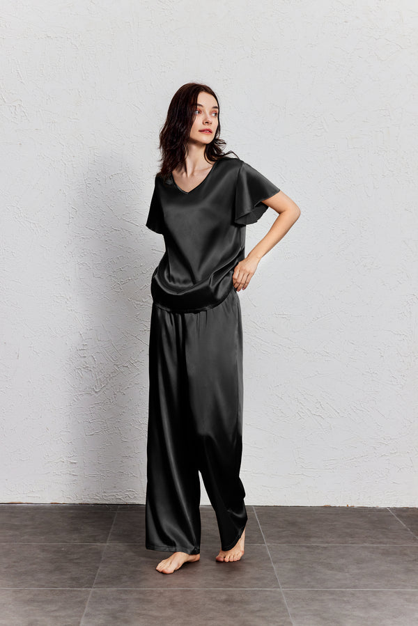 Ekouaer Silk Satin Ruffle Sleeve Pajama Sets (US Only)