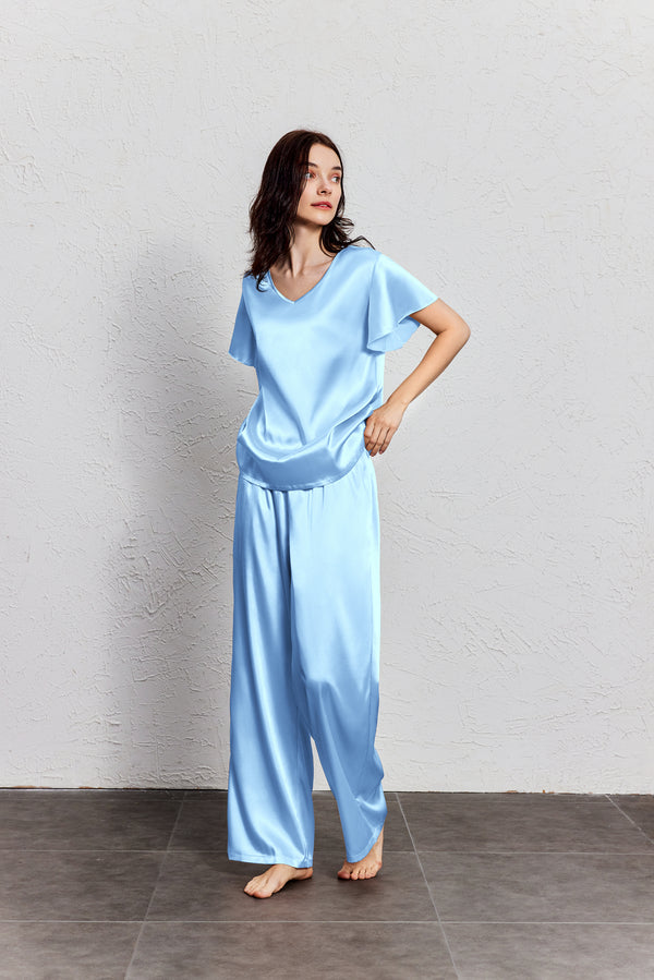 Ekouaer Silk Satin Ruffle Sleeve Pajama Sets (US Only)
