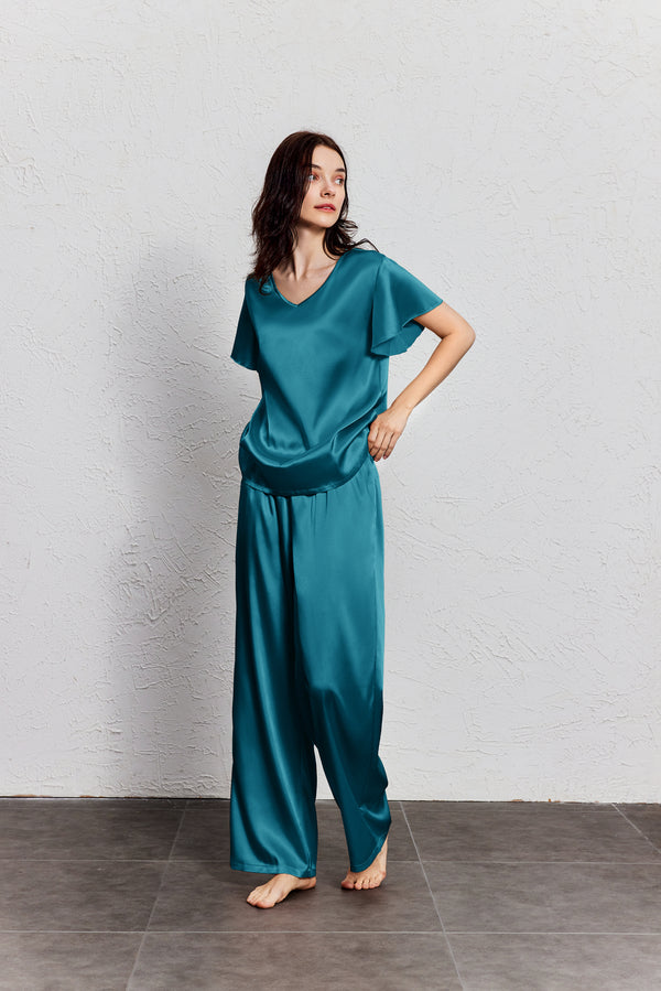 Ekouaer Silk Satin Ruffle Sleeve Pajama Sets (US Only)
