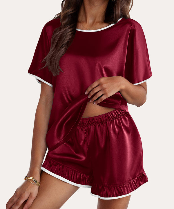 Ekouaer Silk Sleepwear Top With Ruffle Shorts (US Only)