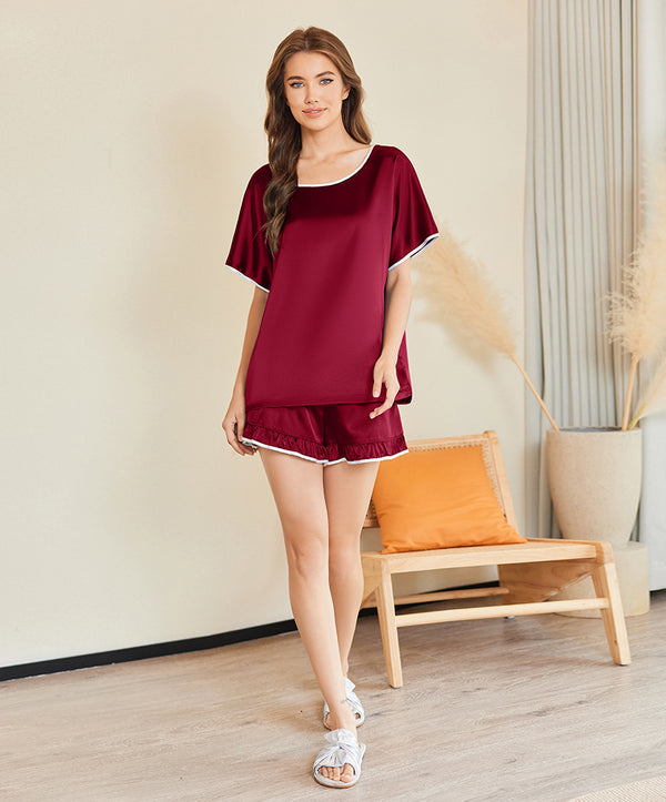 Ekouaer Silk Sleepwear Top With Ruffle Shorts (US Only)
