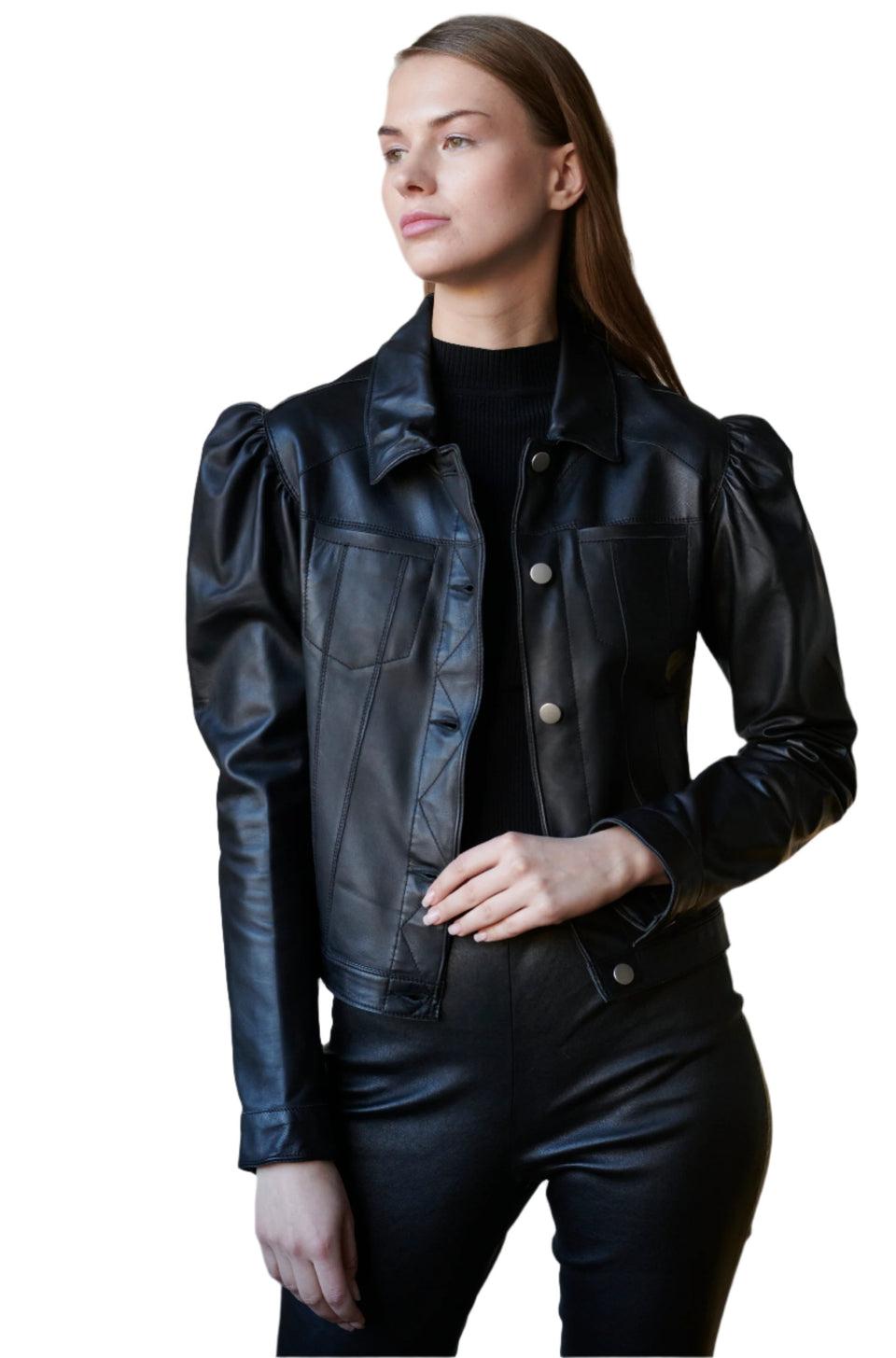 elaine turner Ariel Puff Sleeve Burnished Leather Jacket